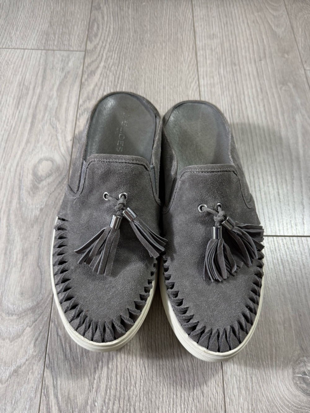 J Slides Andie Tassel Gray Suede Platform Slides